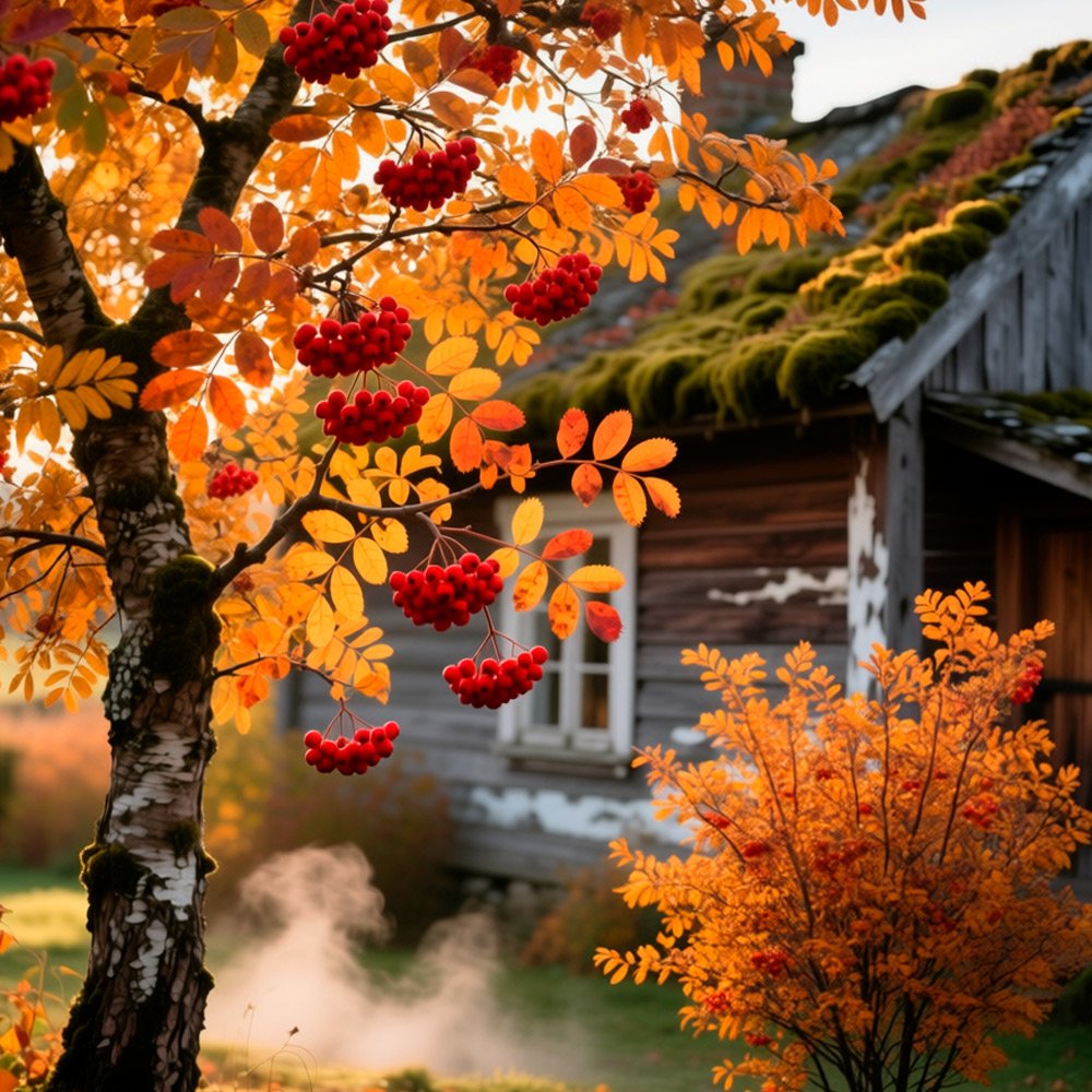 Яркая рябина осенью в саду